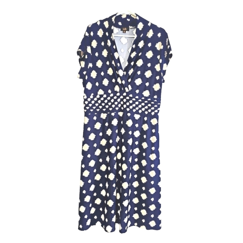 ILE NEW YORK NAVY BLUE BEIGE GEOMETRIC DESIGN PLUS SZ 16 CASUAL PARTY WORK DRESS